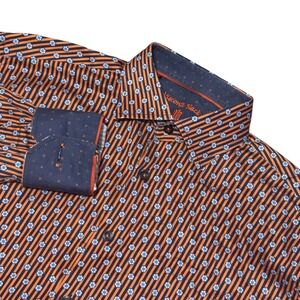 Luciano Visconti Black Button Down Shirt Flip Cuff Orange Blue Stripe Men's M‎